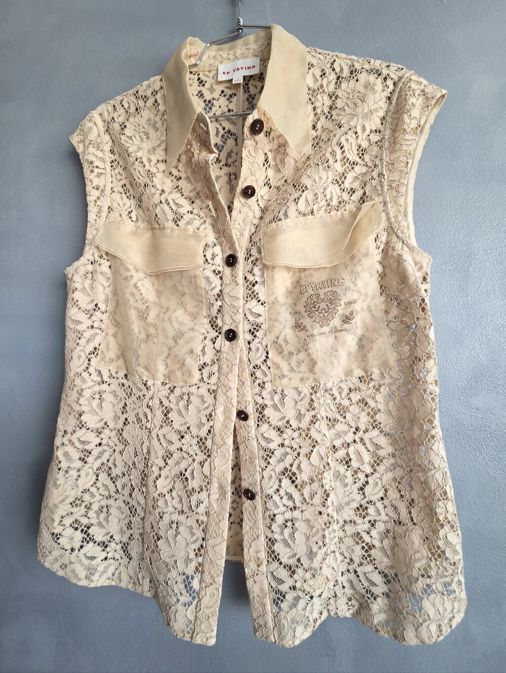 EP YAYING BEIGE BUTTON & LACE SILK BLOUSE US SIZE 8 NEW